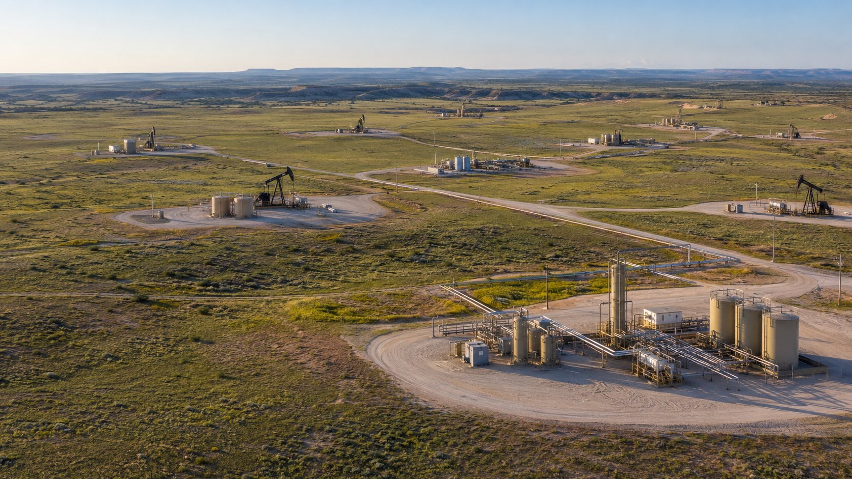 Aerial view of an onshore oil and gas field with well pads and gathering lines