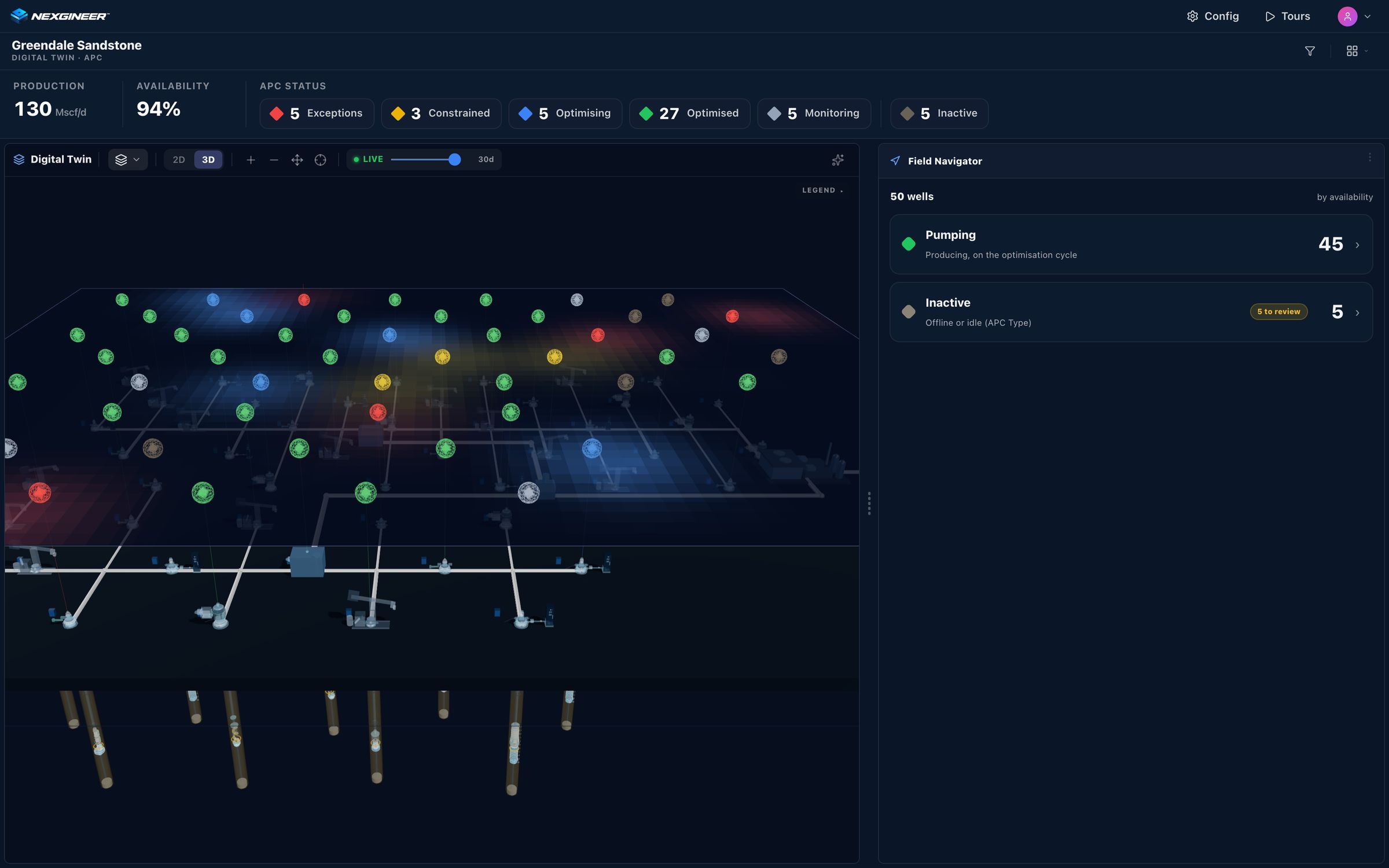 Nexgineer 3D digital twin of a 50-well field, wells coloured by status